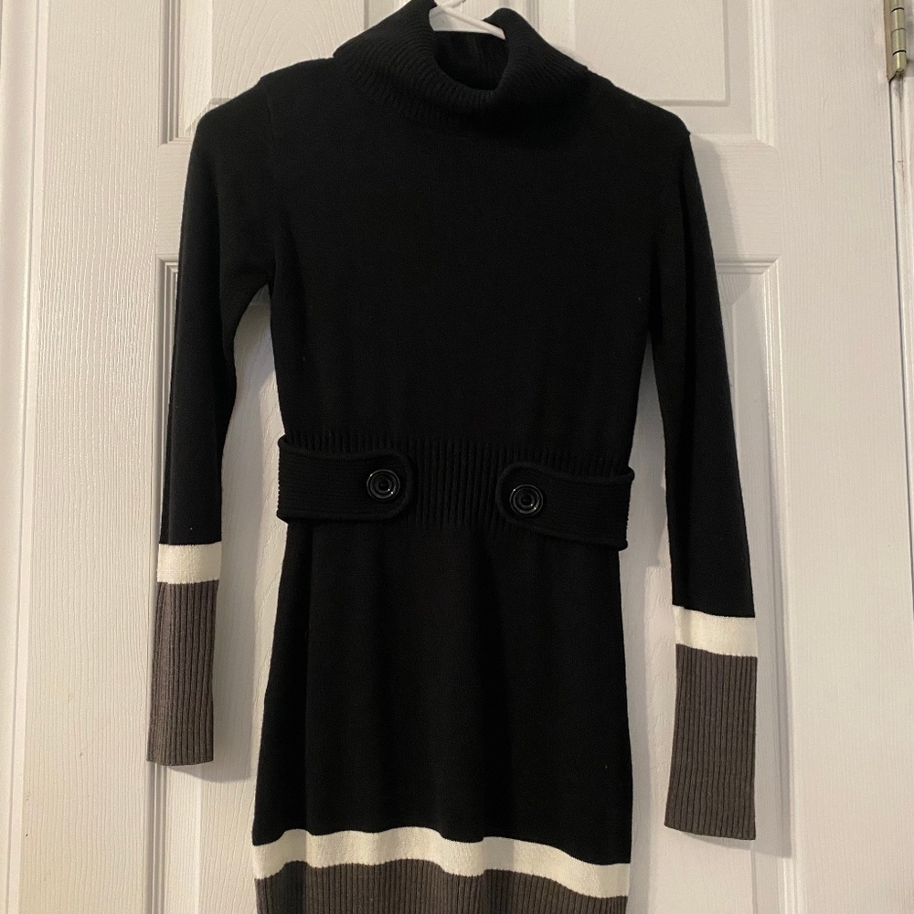 Black Sweater Dress with Grey and White Strips